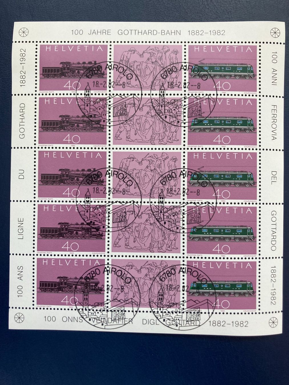 Tous les timbres: Schweiz 1982 100 J.Gotthardbahn Bogen 1.Tag Airolo – Neuf (Voir description) à Winterthur par schnueps