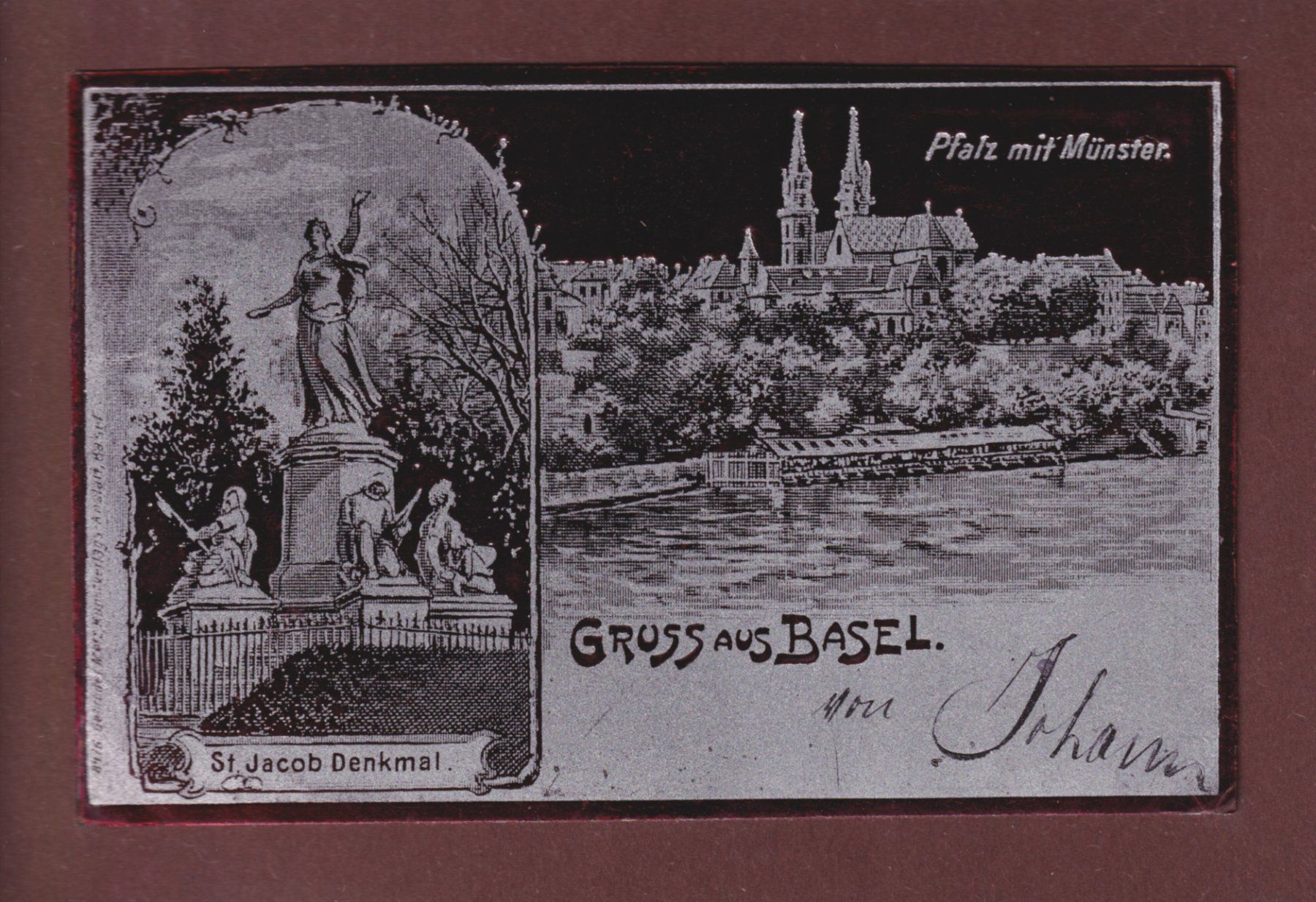Cartoline postali: Gruss aus BASEL - Metallischer Effekt - 1900 – Usato da Pully venduto da nicecards