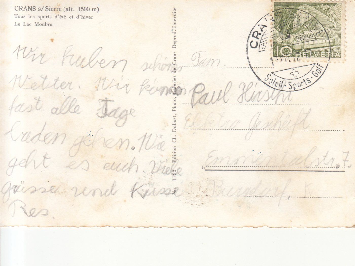 Cartoline postali: Crans 1952 – Usato da Bürglen TG venduto da StampGraf 1