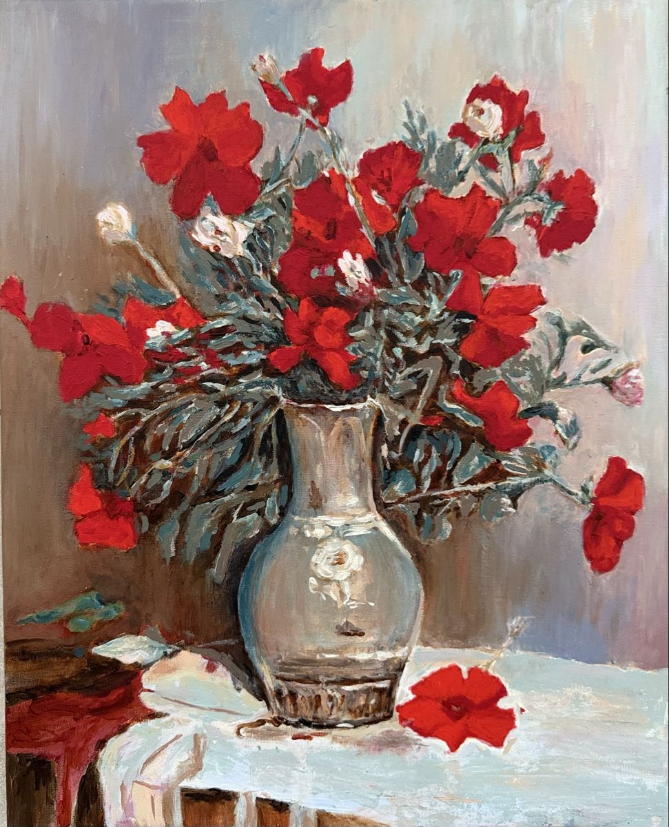 Dipinti: Gemälde auf Leinwand: Blumen in einer Vase. Handgemalt. – Nuovo e nell'imballaggio originale da Siselen BE venduto da Rolf131