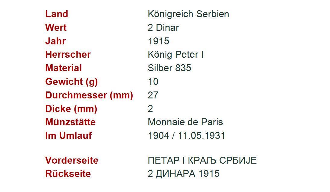 Tutti le monete: 2 Dinar 1915 Serbien Silber – Usato da Flamatt venduto da samowarow 1