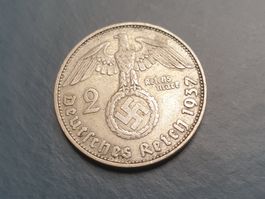 🇩🇪 Third Reich: 2 Reichsmark 1937 D Hindenburg. Silver