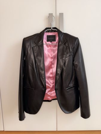 Elegante schwarze Lederjacke mit pinkem Innenfutter Gr. L