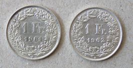 2 x Fr. 1.-  1961 und 1962  Silber