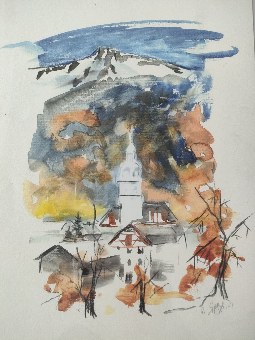 Dipinti: Winterliches Aquarell: Schweizer Dorf mit Bergpanorama – Usato da Weiningen TG venduto da NumisBila 1