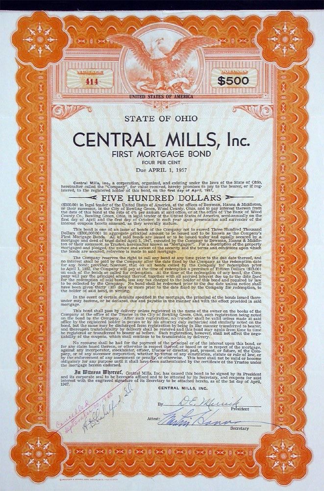 Documenti: 4% Central Mills, Inc., Ohio - 1947 – Usato da Solothurn venduto da Sgasche