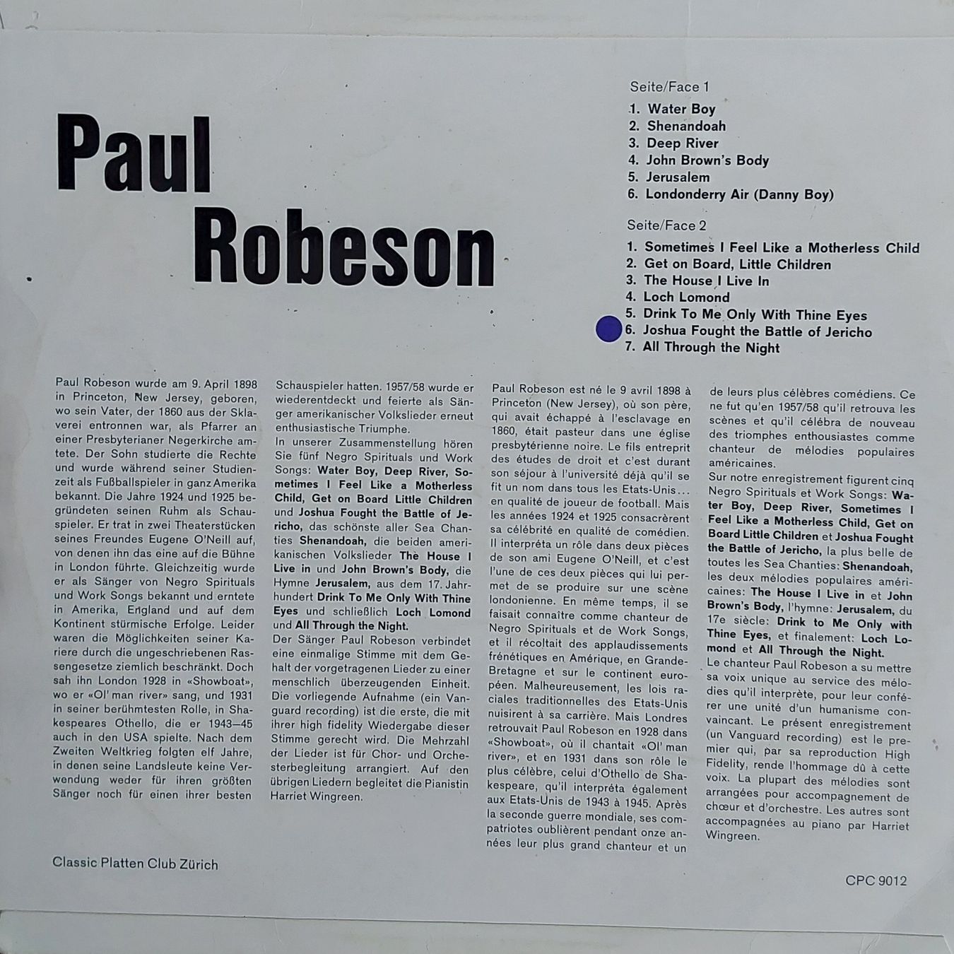 Vinyles: Vinyl LP - Paul Robeson - Suisse – D'occasion à Villeret par Fil11 1