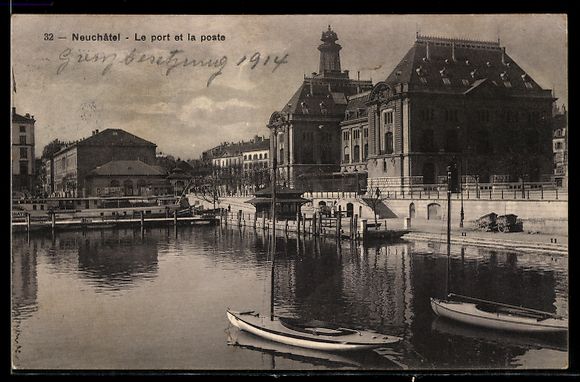Cartoline postali: AK Neuchâtel, Le port et la poste – Usato da Berlin venduto da bartko-reher