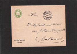 Tüblibrief 25 Rp nach Bukarest 14.lll.1892,Privatzudruck