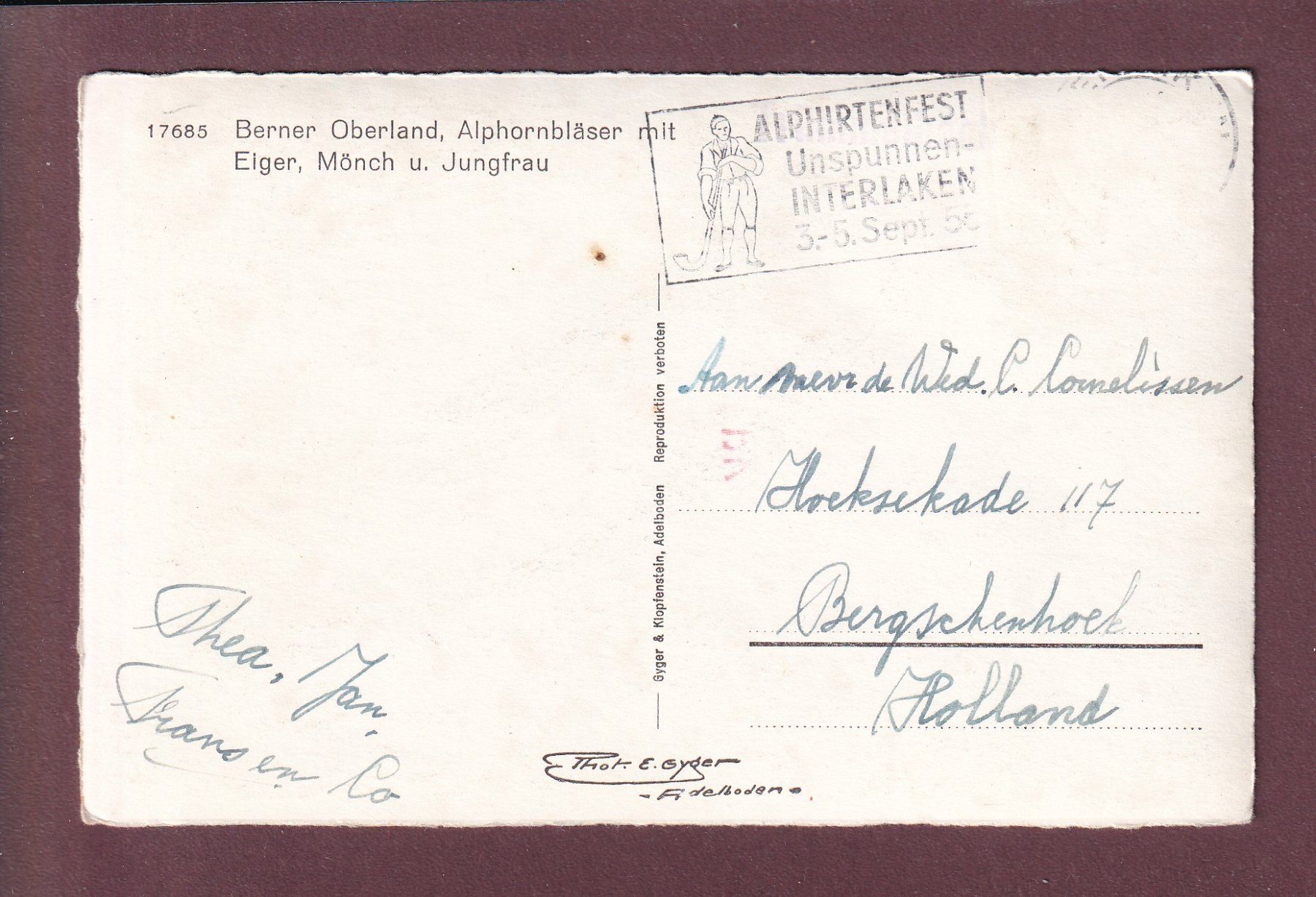 Cartoline postali: Berner Oberland - ALPHORNBLÄSER - 1955 – Usato da Pully venduto da nicecards 1