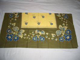 Tischdecke Blumenmuster Gelb Khaki Blau mit Rand