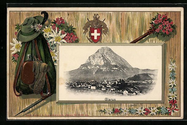 Cartoline postali: Präge-AK Glarus, Totalansicht, Wanderst – Usato da Berlin venduto da bartko-reher