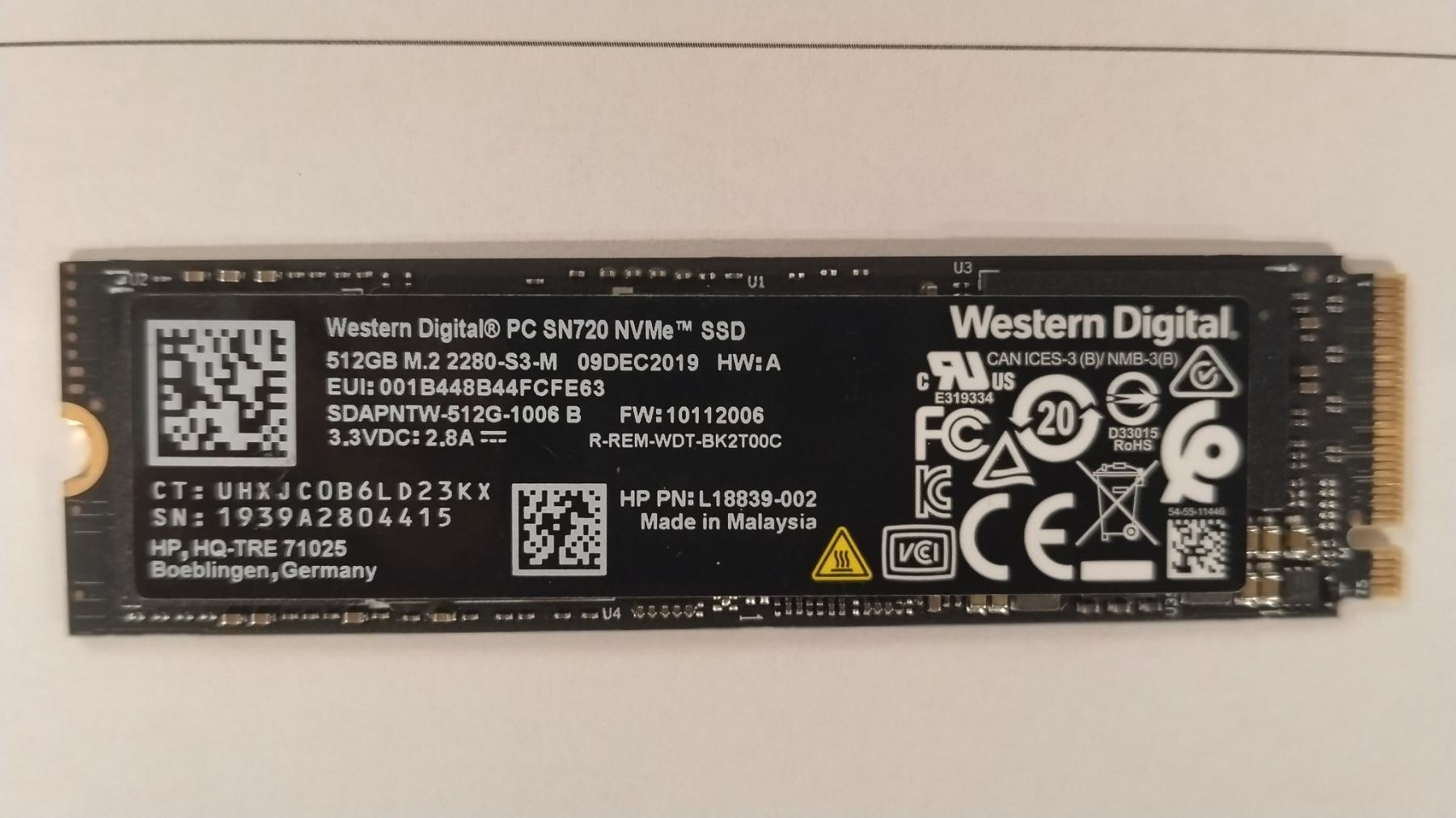 Western Digital Harddisks: Western Digital SN720 NVMe SSD 512GB – Gebraucht aus Wallisellen von mic_gg2g