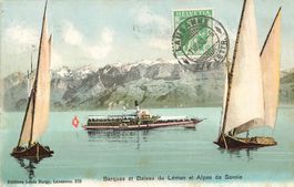 Genfersee – Segelboote und Dampfschiff mit den Savoyer Alpen