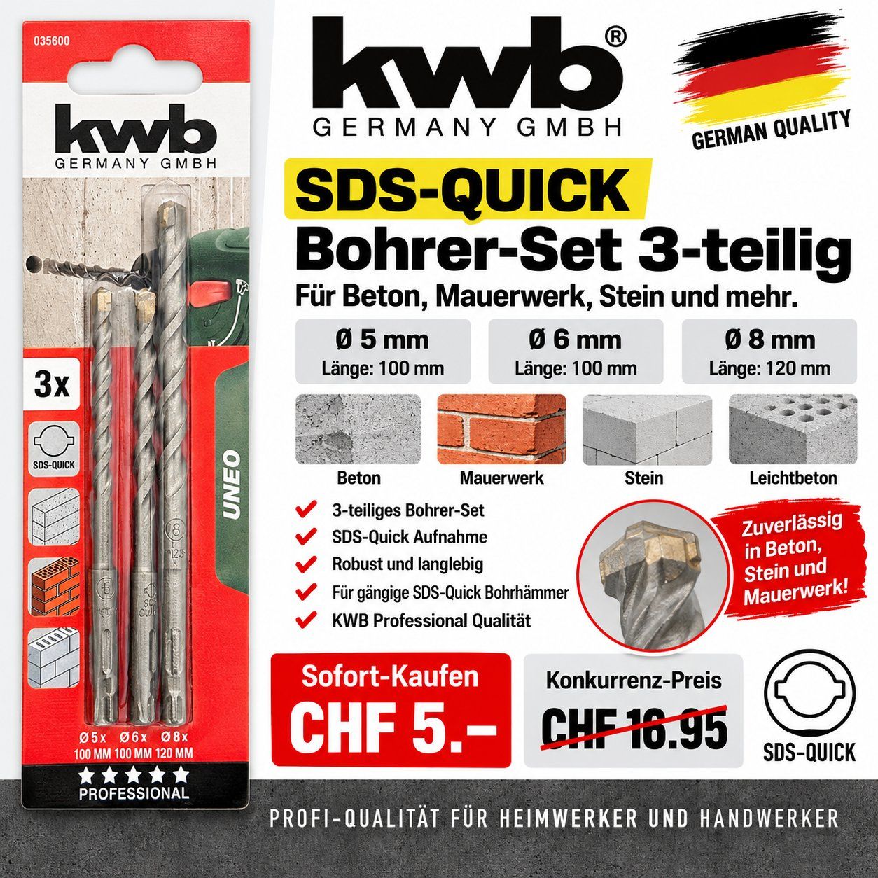 Tutti gli attrezzi: WB Professional SDS-Quick Bohrer-Set 3-teilig Neu – Nuovo e nell'imballaggio originale da Regensdorf venduto da Warenmarkt