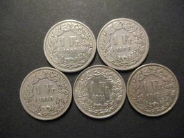 5 x 1.- FR 1907-8-10-11-12 Vieilles pièces Superbe qualité
