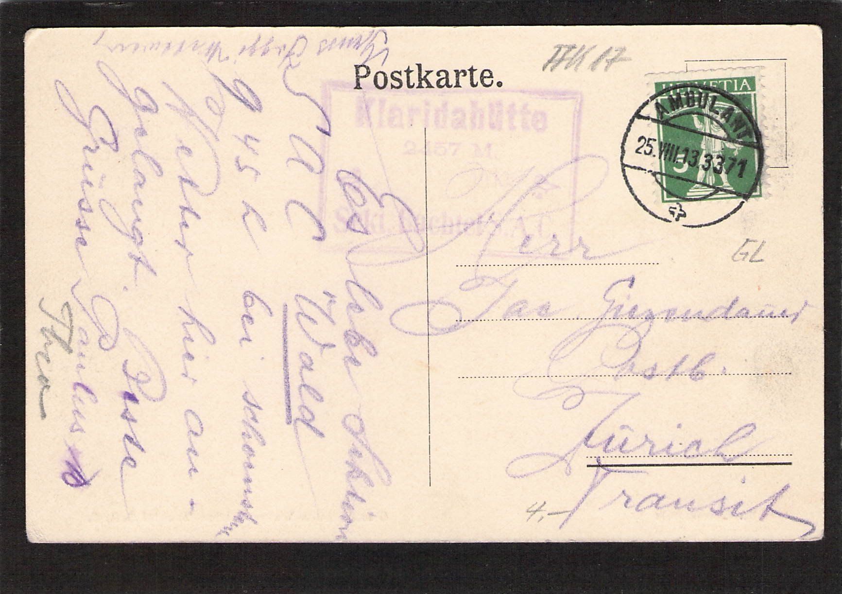 Cartoline postali: Claridahütte - Weihe , Sektion Bachtel ,gel.1933 – Usato da Reichenburg venduto da Pipo-67 1