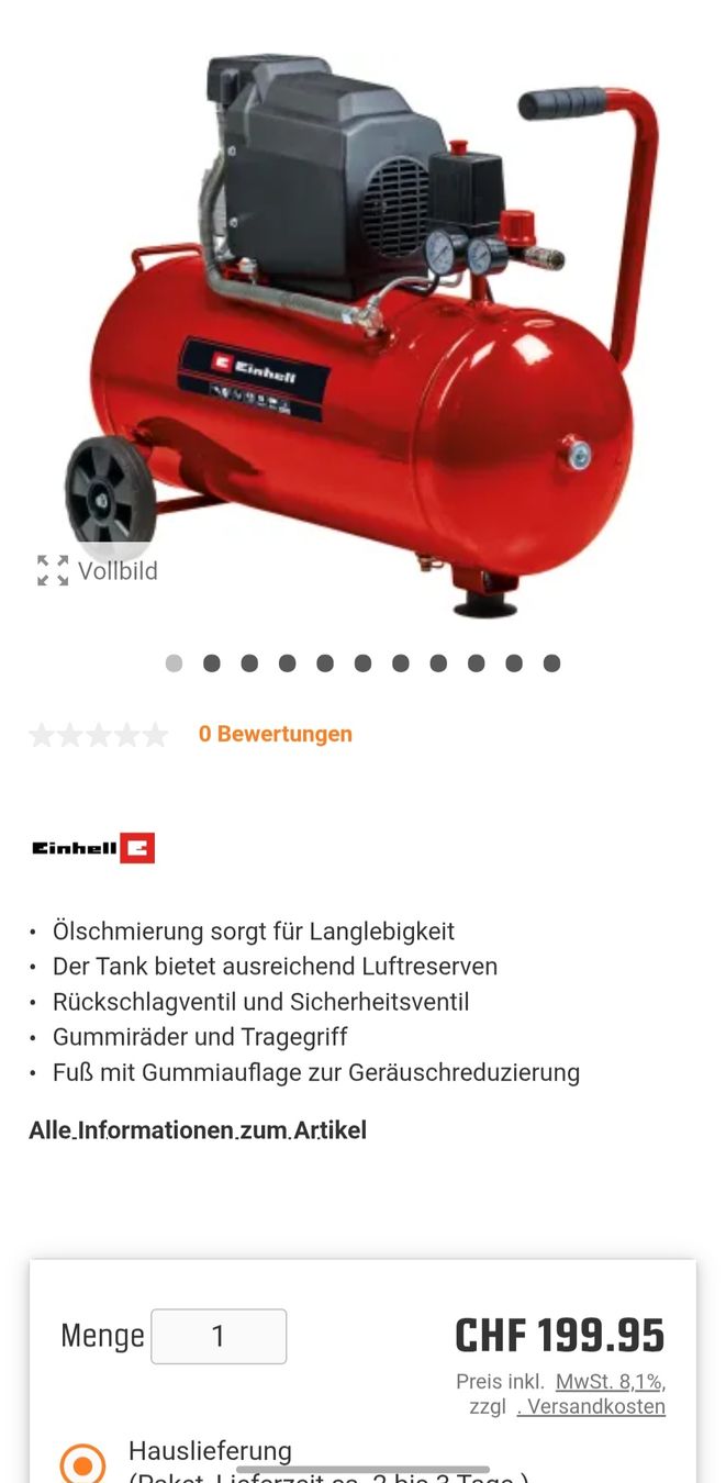Einhell Compressori: Einhell Druckluft Kompressor 50l - Neupreis 199.95CHF – Nuovo (secondo la descrizione) da Solothurn venduto da LYRELA 1