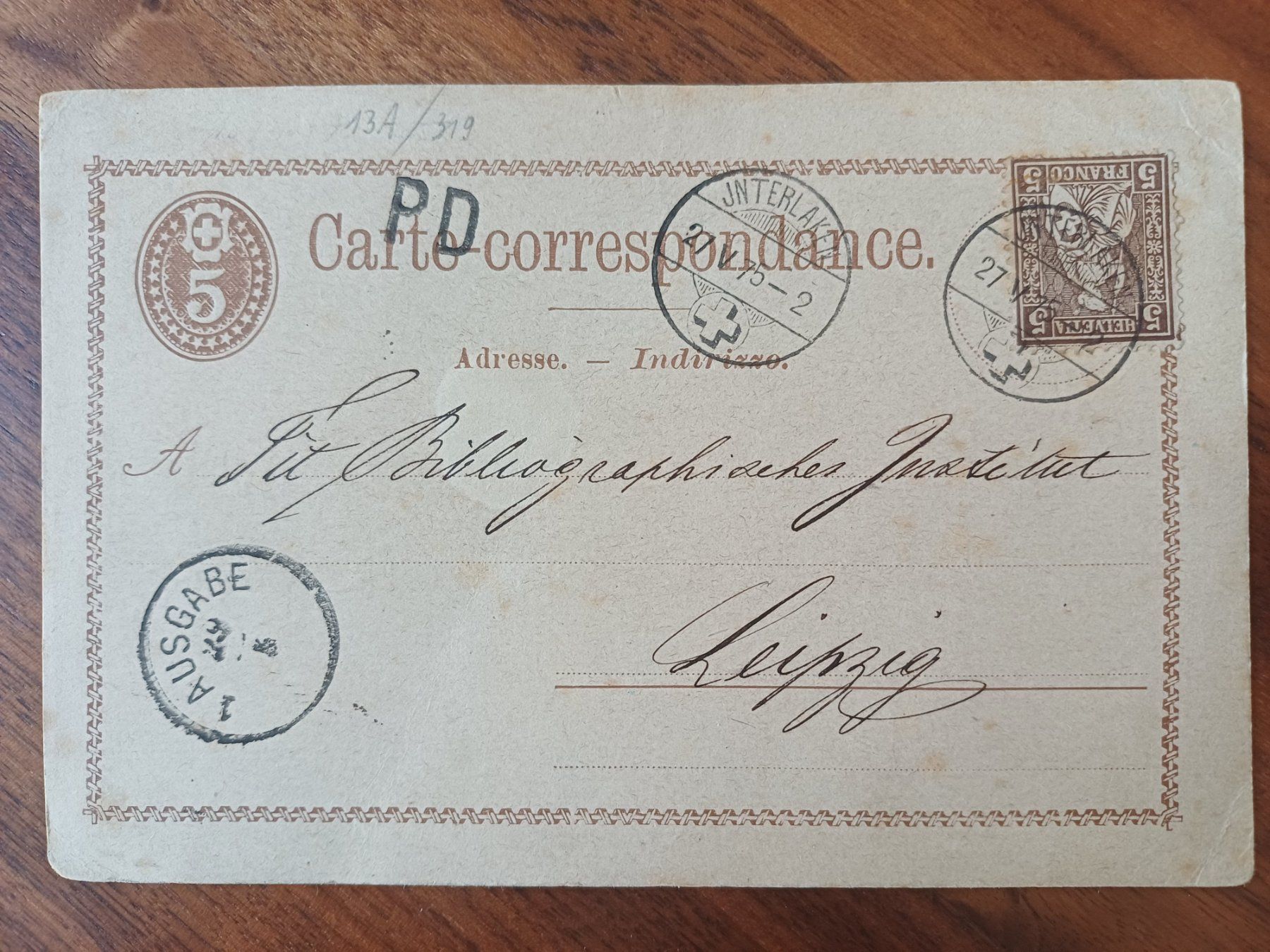 Tutti i francobolli: 1875 Mai 27 / Interlaken - Leipzig – Usato da Beringen venduto da Goeppeli