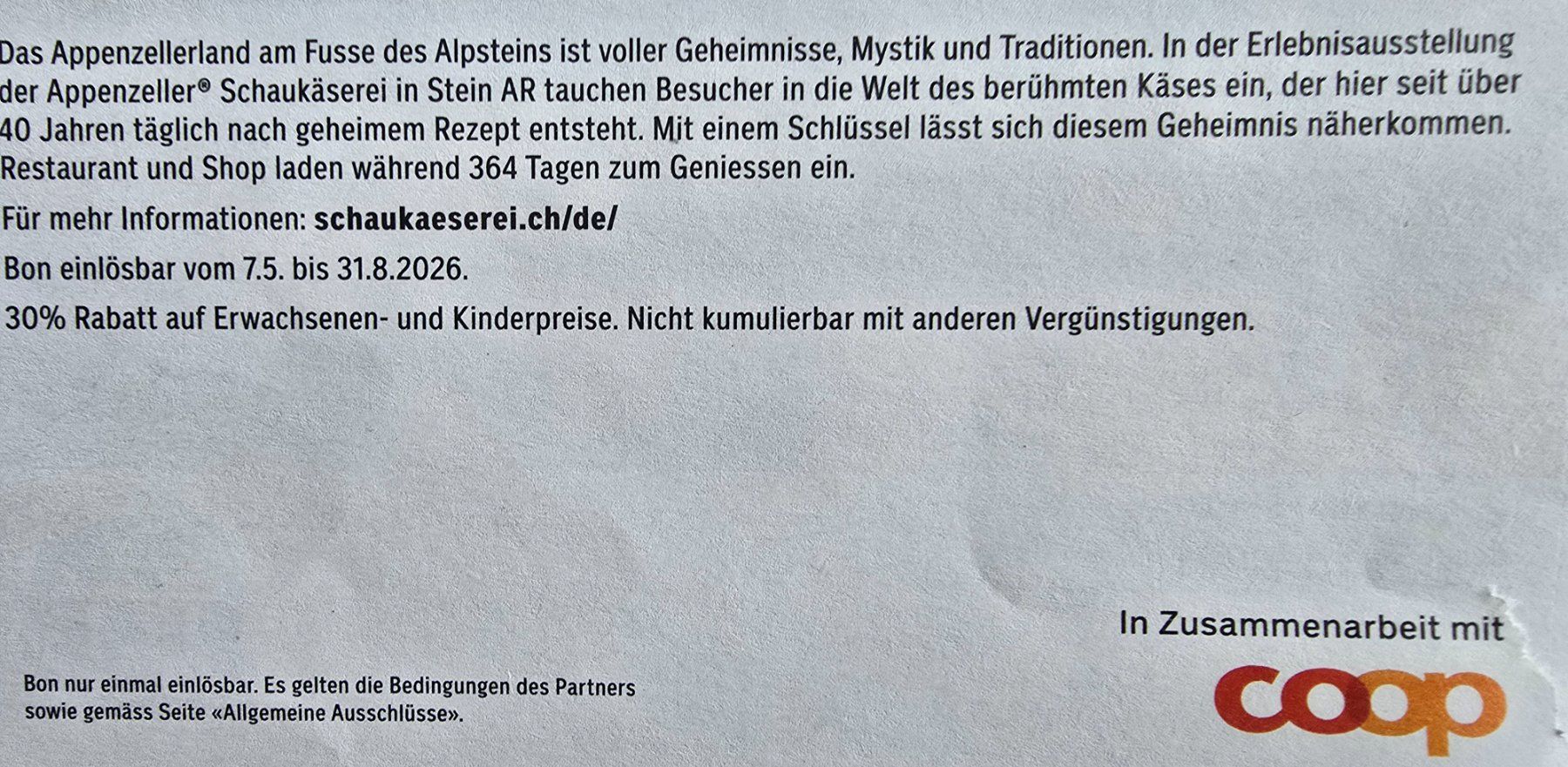 Bon 30% Rabatt Appenzeller Schaukäserei Stein bis 31.8.2026 (Neu ...