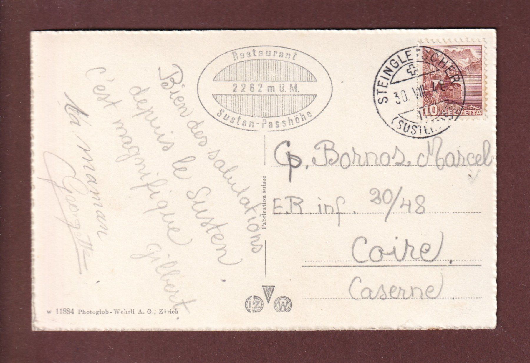 Cartoline postali: STEINALP - Steingletscher - 1948 – Usato da Pully venduto da nicecards 1