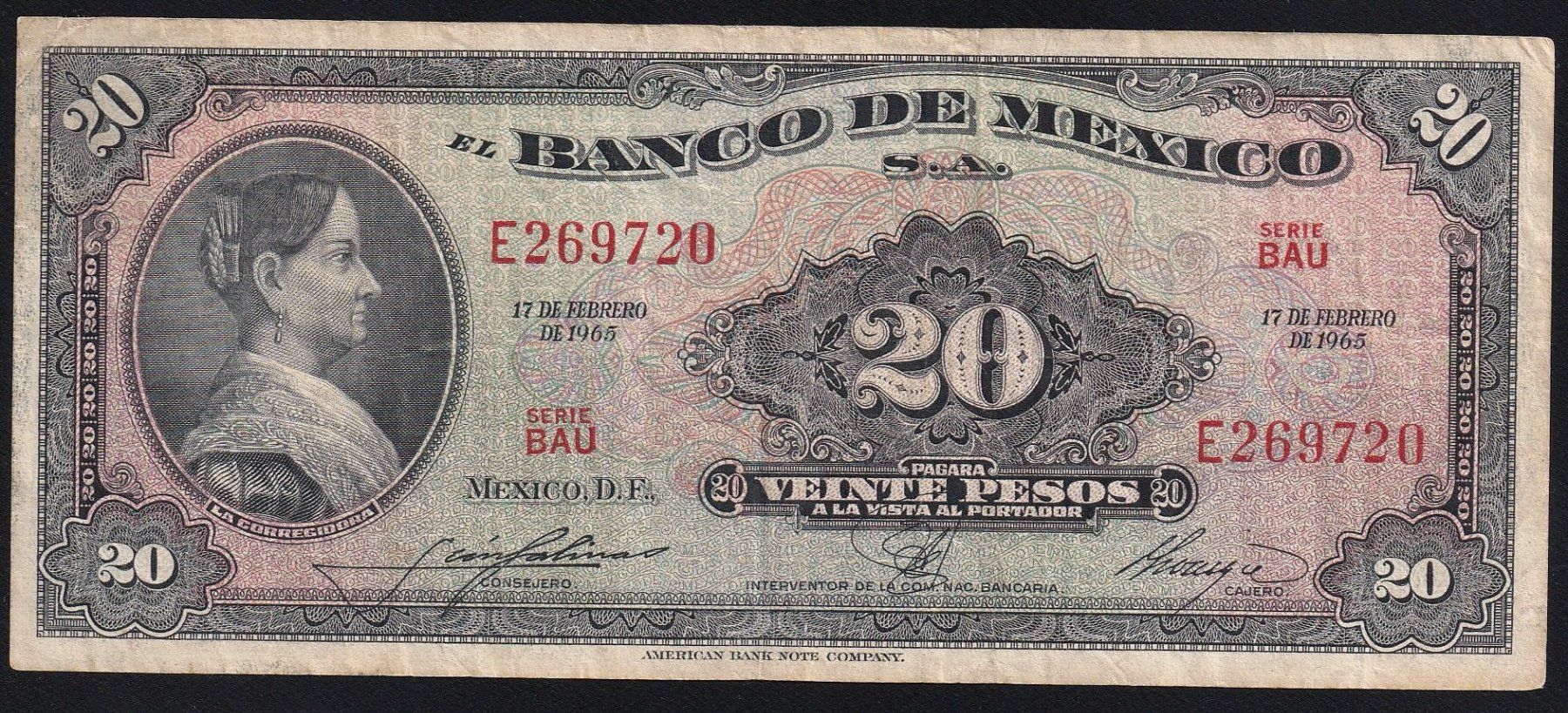 Banknoten: Mexiko 20 Pesos 1965 – Gebraucht aus Brugg AG von banknoten_muesli