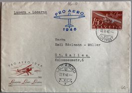 1946, Pro Aero FDC Luzern-Locarno, illustriert, SBK 65 Fr.