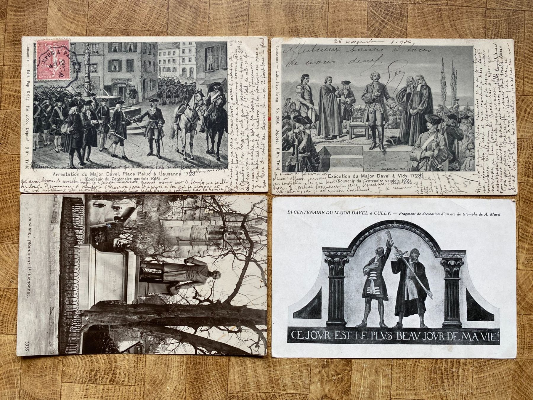 Cartoline postali: 3 cartes du Major Davel, arrestation et exécution, monuments – Usato da Orbe venduto da Ernest1350