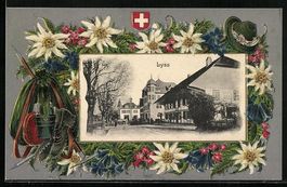 Lyss, Strassenpartie mit Gasthof, Wappen