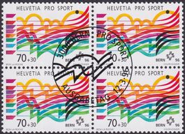1996 W80 Pro Sport Viererblock mit zentr. Ersttags-Stempel