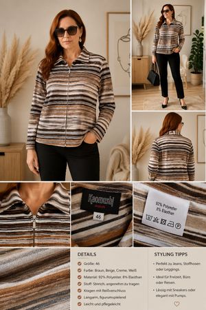 Damen Shirt jacke Gr. 46 Braun Beige gestreift Stretch 2007