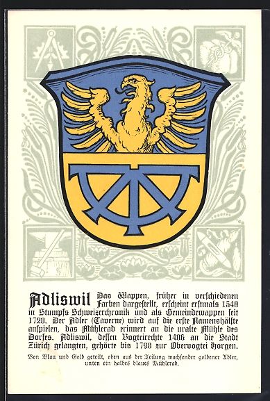 Cartoline postali: Adliswil, Wappen mit Adler und Mühlerad – Usato da Berlin venduto da bartko-reher