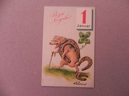 Karte Motiv Humor mit Schwein Sau 1906 Neujahr Hufeisen