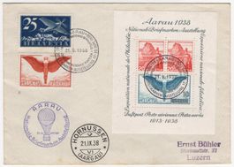 75 Rp. Ikarus (geriffelt) auf Ballon-Flugbrief von AARAU