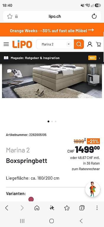 Lits: Boxspringbett 180x200 – D'occasion à Niederuzwil par B.Sej 1