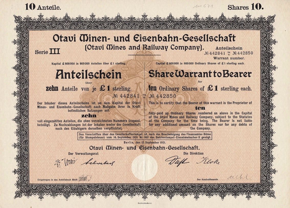 Dokumente: Otavi Minen- und Eisenbahn-Gesellschaft, Berlin - 1921 (10er – Gebraucht aus Solothurn von Sgasche