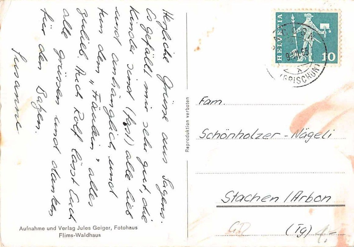 Cartoline postali: SAGENS GR mit PIZ RIEIN 1965 – Usato da Lufingen venduto da TopAnsichtskarten 1