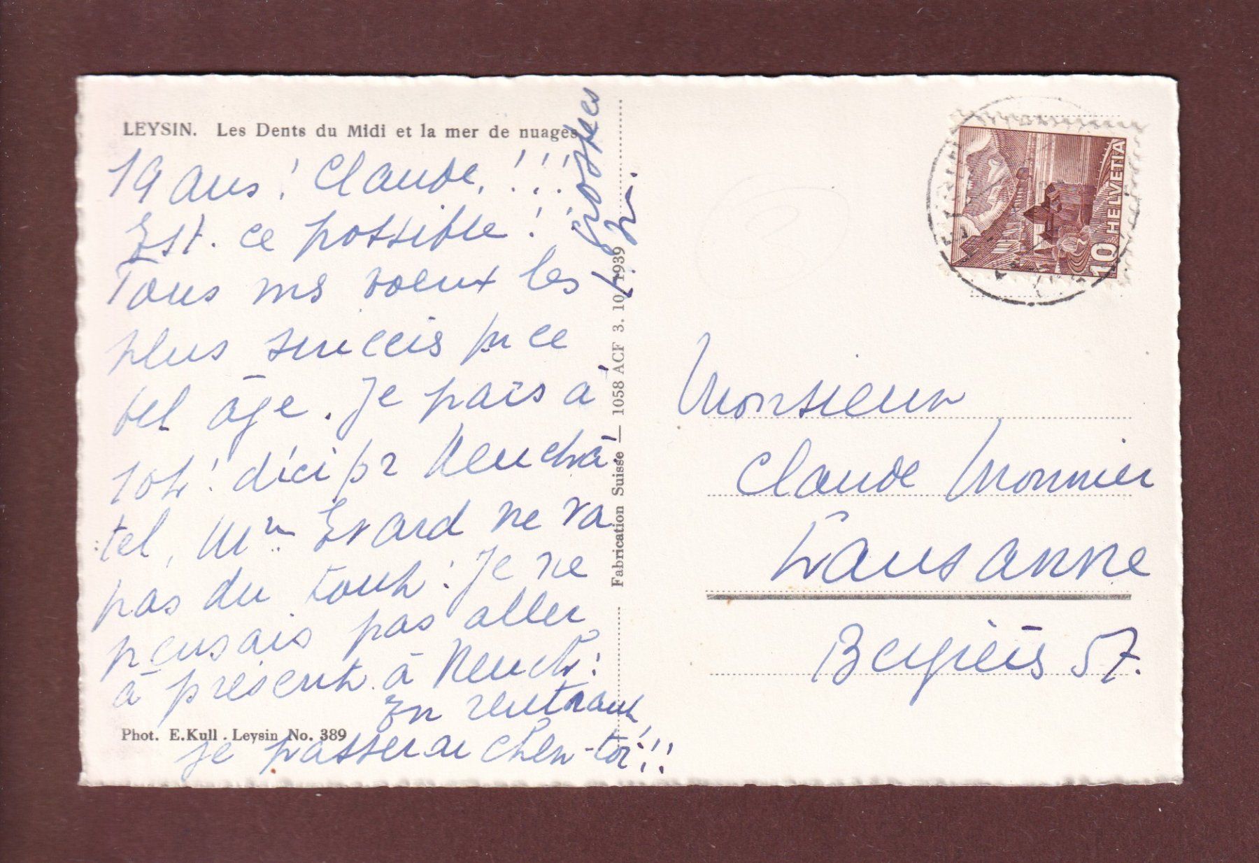 Cartoline postali: LEYSIN - Dents du Midi - 1940 – Usato da Pully venduto da nicecards 1