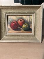 Nature morte aux pommes, huile sur bois signée, 1958.