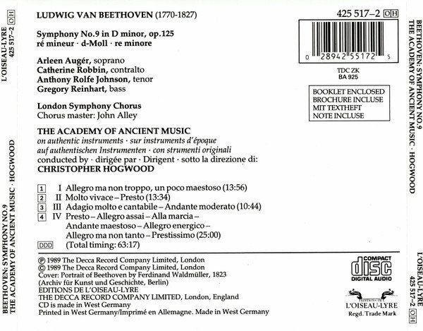 CD: Ludwig van Beethoven - Symphony no. 9 - Charistopher Hogwood – Usato da Unterbäch venduto da tuqsa 1