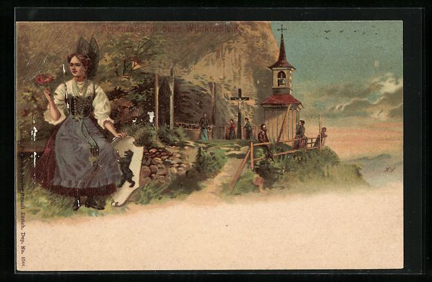 Cartoline postali: Litho Aescher-Wildkirchli, Appenzellerin – Usato da Berlin venduto da bartko-reher