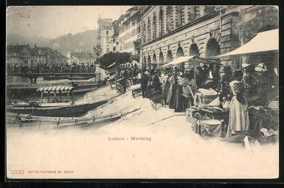 Cartes postales: AK Luzern, Markttag am Fluss – D'occasion à Berlin par bartko-reher