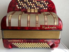 Alte Handorgel Hohner Accordina II de Luxe rot mit Koffer