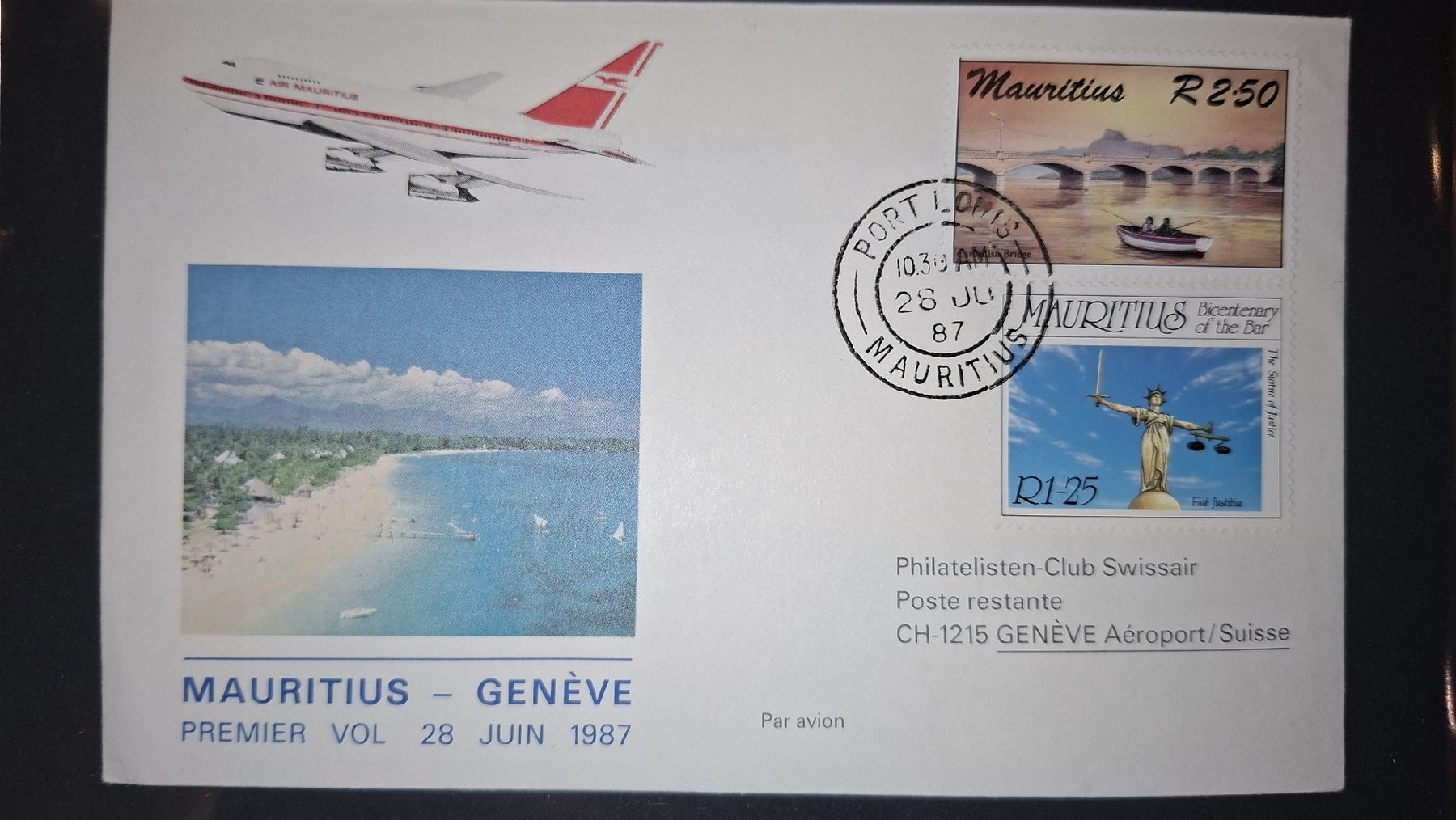Tutti i francobolli: Swissair Mauritius - Genève 28.07.1987 – Usato da Balgach venduto da SIMEON27