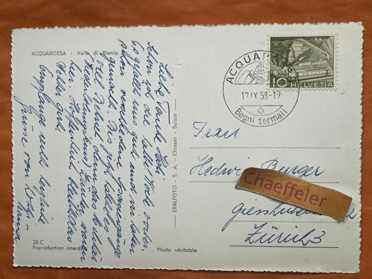 Cartoline postali: 1958 ACQUAROSSA - Valle di Blenio -Tessin – Usato da Zürich venduto da Chaeffeler 1