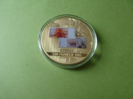 vergoldete Medaille 50 mm PP,  500 Frankennote 1985