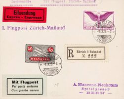 1925, R-Eil-Flugbrief mit Nr. F9 + F12, von Zürich - Mailand