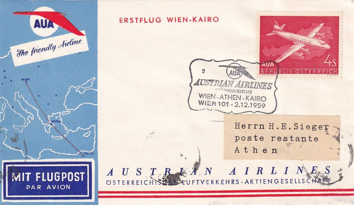 Tutti i francobolli: Erstflug AUA Wien - Athen 1959 – Usato da Baar venduto da Asmara111