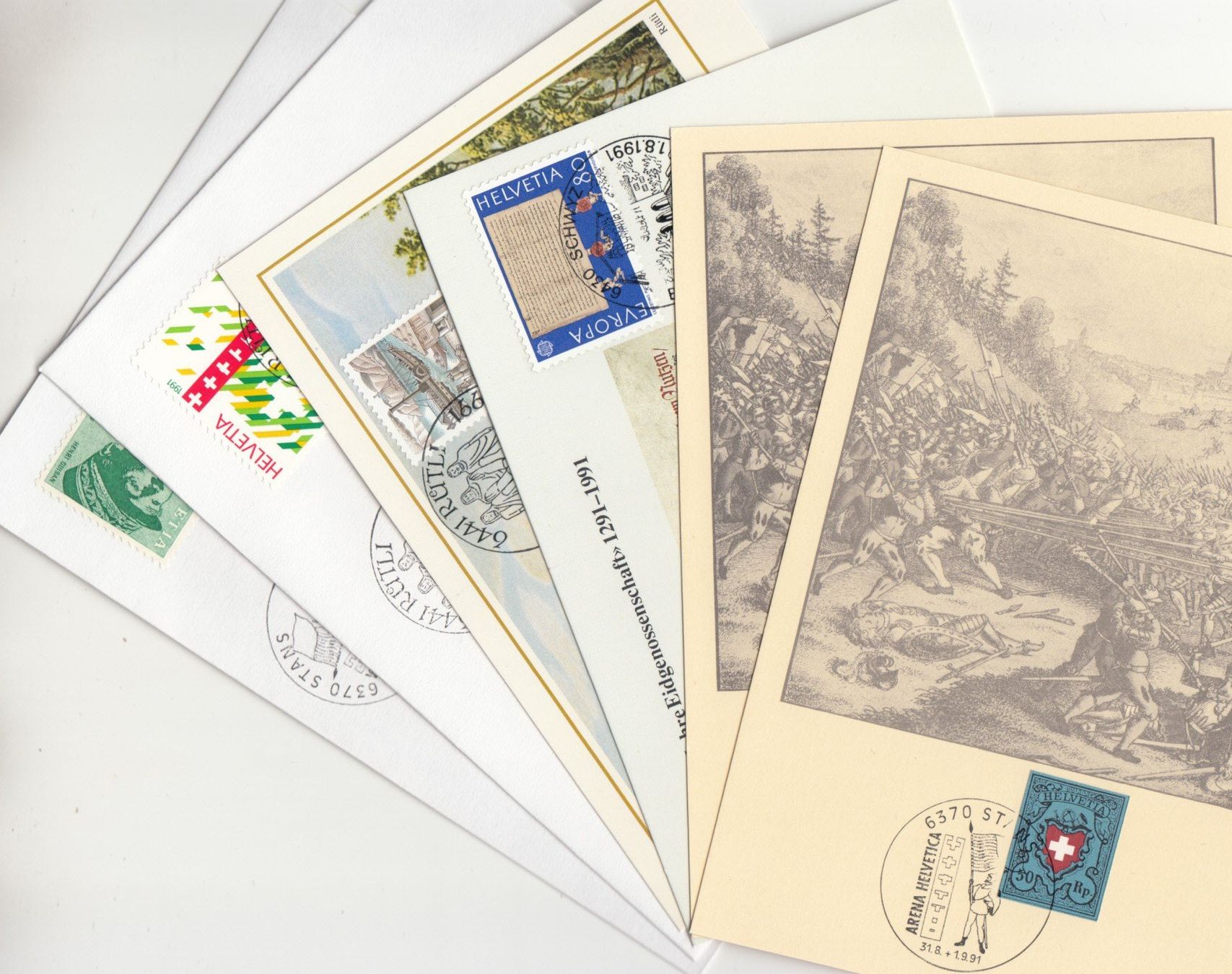 Tutti i francobolli: 700 Jahre Eidgenossenschaft, 2 Briefe + 4 Karten – Usato da Bürglen TG venduto da StampGraf