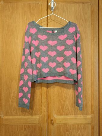 H&M Strickpullover Grau mit pinken Herzen Gr. M